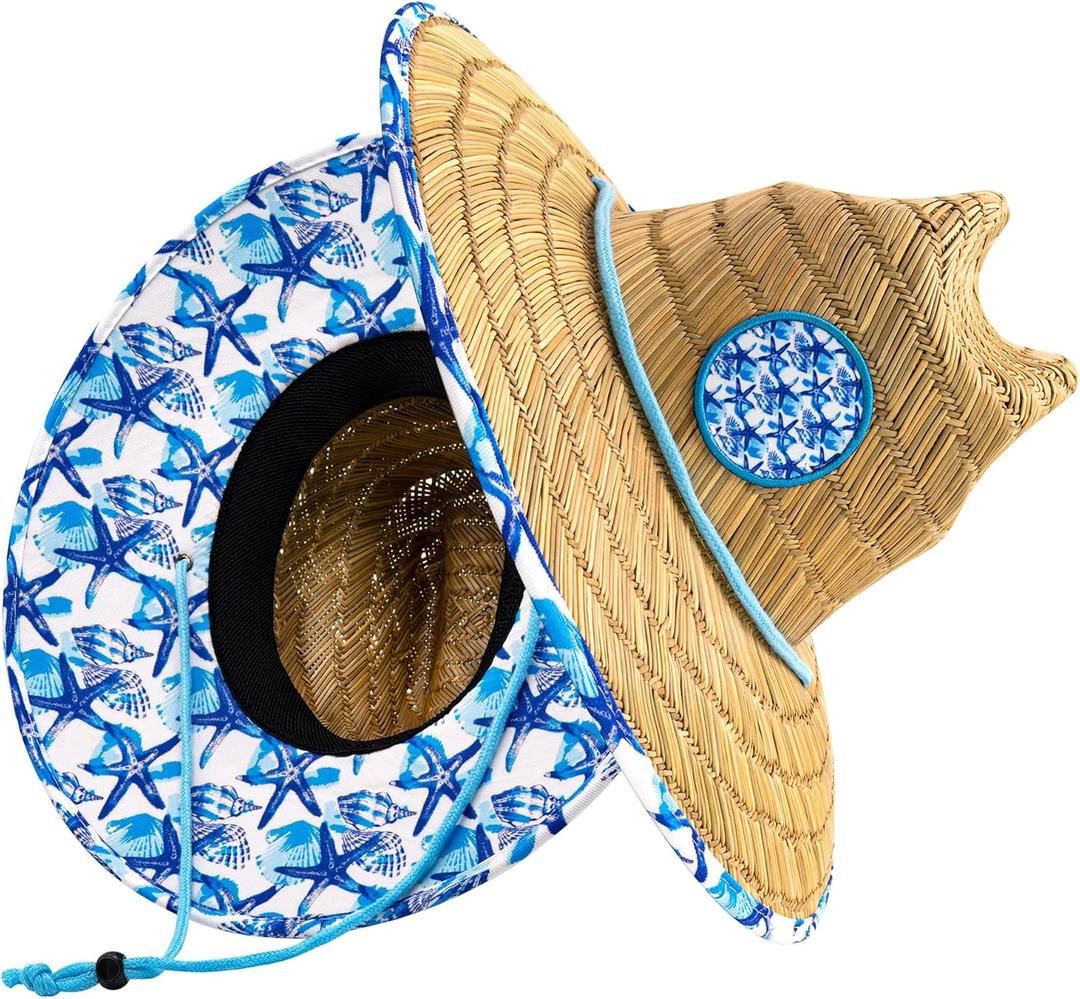 grinderPUNCH Lifeguard Hat Mens Straw Sun Hat for Outdoor American Flag USA Patriotic Straw Beach Fishing Straw Hat for Men (One Size, White & Blue Floral)