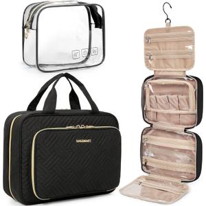 BAGSMART Toiletry Bag Hanging Travel Makeup Organizer with TSA Approved Transparent Cosmetic Bag Makeup Bag for Full Sized Toiletries, Medium-Black
