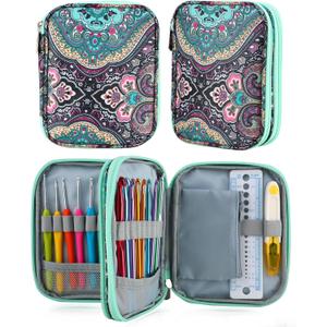 LOOEN Crochet Hook Case with Zipper and Web Pockets for Crochet Needles/Knitting Accessories - Lightweight Organizer Bag for Crochet Hook Kit Tools