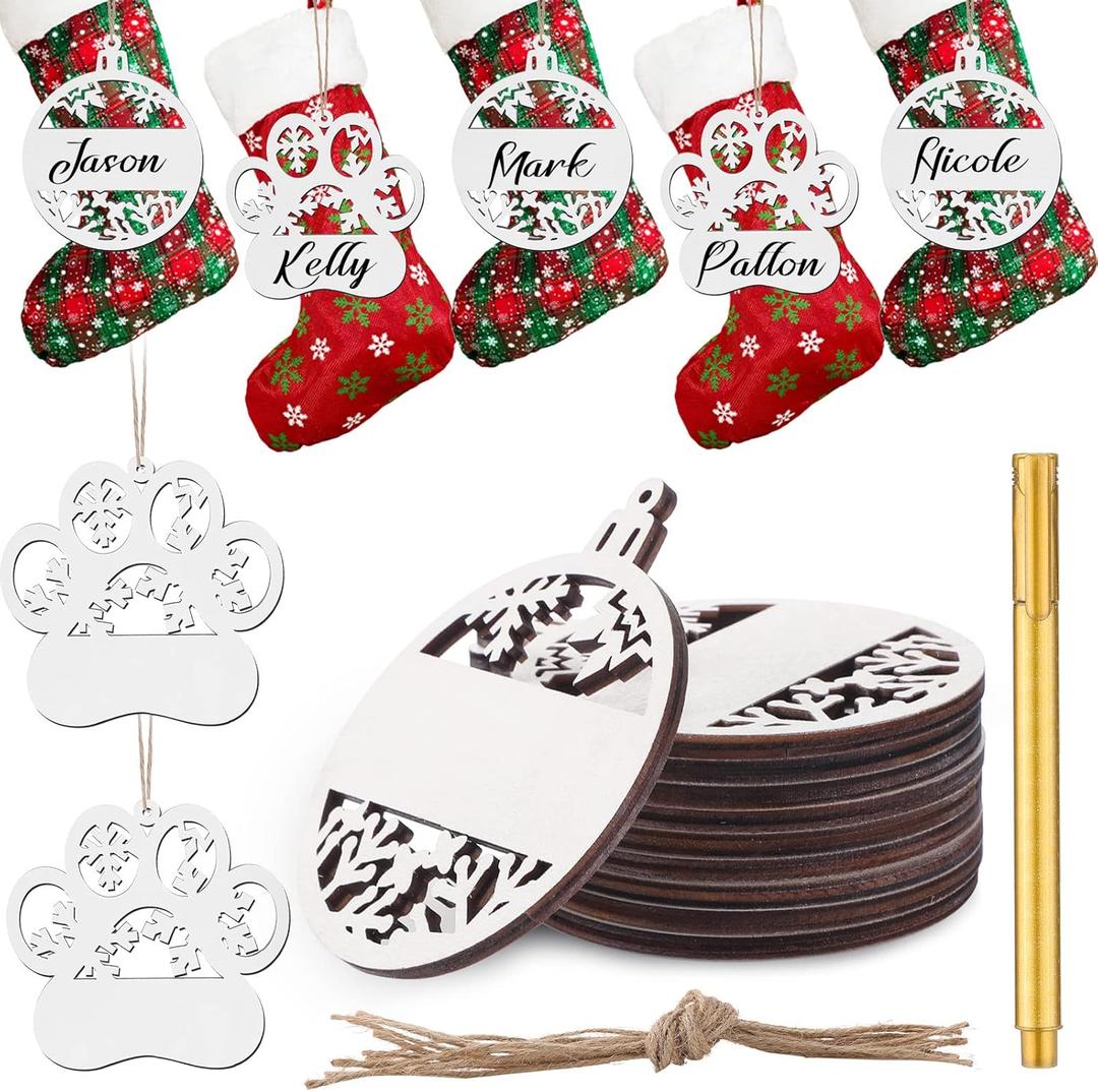 Unittype 12 Pieces Christmas Stocking Name Tags with 1 Marker Pen, Snowflakes and Paw Shape Christmas Wood Stocking Tag, Blank Wooden Name Tags for Christmas Tree Mantel Hanging Ornaments (White)