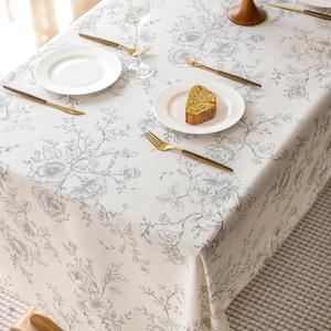 Floral Linen Table Cloth 55 x 84 inch Rustic Vintage Farmhouse Tablecloth Gray Pattern Printed on Cream Linen Tablecloth Rectangle Burlap Textured Fabric Table Cover Home Decor Holiday