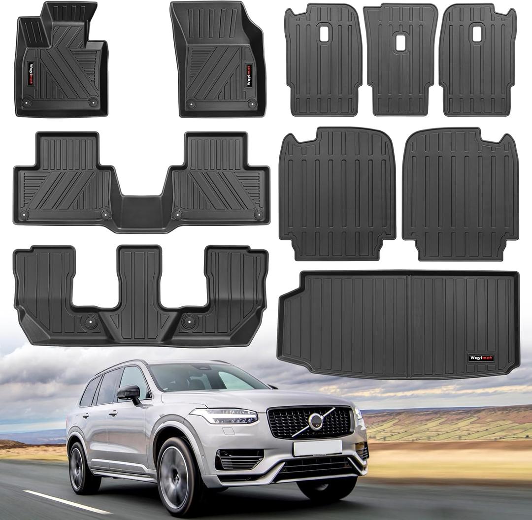 2016-2025 2026 Volvo XC90 Hybrid/PHEV Floor Mats 3 Rows Trunk Cargo Liner and 2nd 3rd Rear Seat Backrest Mat TPE All Weather Accessories (Only for Plug-in Hybrid/PHEV 7 Seat) (Full Set 10 Mats)