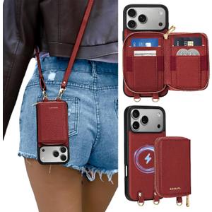 ORNARTO Magnetic Detachable Wallet Case for iPhone 17 Pro Max, [Compatible with MagSafe], Crossbody Wallet Case with Card Holder Wrist Strap, RFID Blocking PU Leather Wallet Phone Cover 6.9", Wine Red