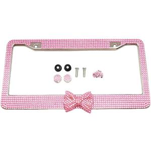 Glitter Rhinestones Crystal Sparkly Pink License Plate Frames Holder with Bow Premium Stainless Steel Covers for Women
