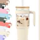 Tronco Glass Tumbler with Straw and Lid, Reusable Iced Coffee Cup with Handle, Glass Water Bottles for Smoothie, Fits Cup Holders, Lead-Free, BPA-Free (42 Ounces, Cream-Bamboo)