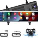 11.26 Inch Dashcam Front and Rear View Mirror Camera, Wireless CarPlay Android Auto Screen, Rearview Mirror Dash Cam with Bluetooth/Dual Cameras/AUX/Split Screen/Voice Control/1080P Backup Camera