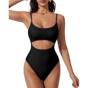 SUUKSESS Women Sexy Cut Out One Piece Swimsuit Tummy Control High Cut Bathing Suit (Large, 182 Black)