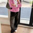 Fisoew Womens Cropped Oversized Sweatshirt Casual Lapel V Neck Long Sleeve Contrast Drawstring Loose Fit Fall Pullover Tops (Large, Pink)