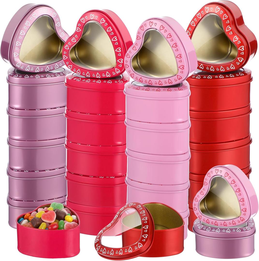 24 Pcs Heart Shaped Valentine Tins Small Heart Boxes with Clear Window Lids 2 oz Empty Metal Hearts Jar Box for Valentine Candy, Gift(Cute,Red,Pink,Purple,Rose Red)