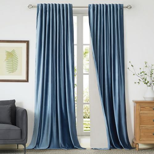 PRIMROSE 100% Full Blackout Velvet Curtains 90 inch Long for Living Room,Set of 2 Stone Grayish Blue Liner Rod Pocket Back Tab Thermal Window Curtains Room Darkening Curtains Drapes for Bedroom