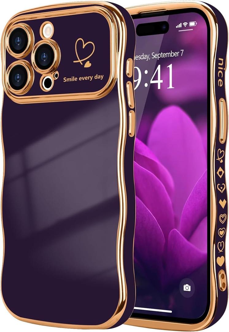 for iPhone 12 Pro Case, Cute Wave Frame Curly Shape Shockproof Heart Phone Cove for Women Girls Camera Protection Cover Luxury Plating Shockproof Phone Case for iPhone 12 Pro, Dark Purple