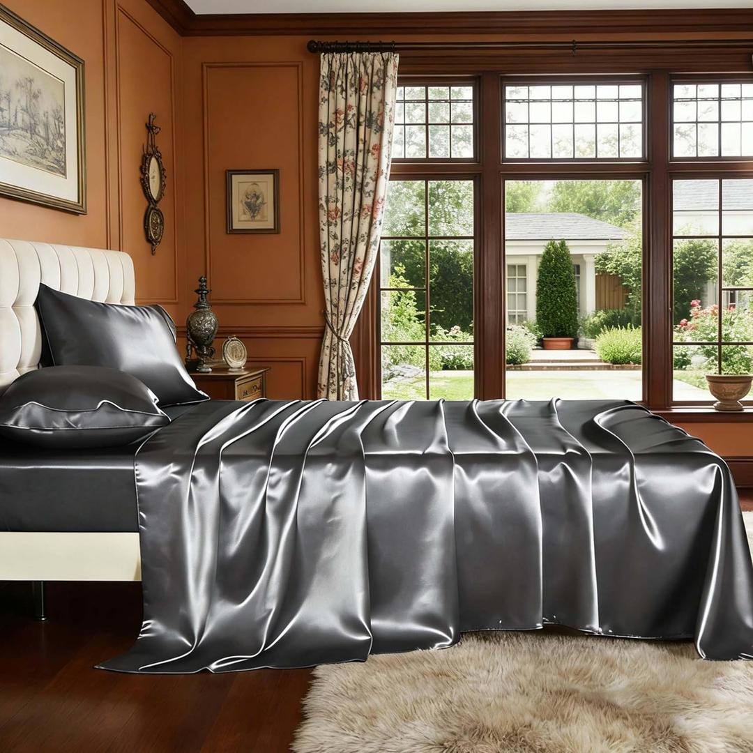 4 Piece Satin Silky Sheet Set Queen Size, Cooling Touch Smooth Glossy Finish, Beauty Hair & Skin Care Room Decoration, Dark Gray