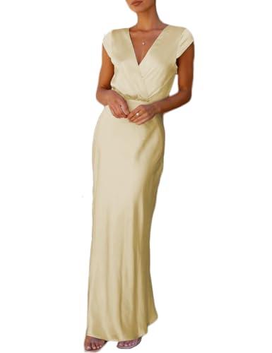 Summer Satin V Neck Wrap Maxi Dress for Women 2026 Elegant Silk Cap Sleeve Wedding Guest Dresses Yellow L