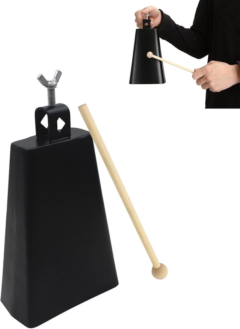 Metal Iron Cowbell 6 Inch, Metal Steel Cow Bells Large Noise Makers Hand Percussion Music Cow bell with Stick and Handle for Drum Set, Instrument Cowbell for School, Sporting Events, Concert, Wedding