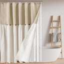 3 in 1 Farmhouse Boho Button Shower Curtain and Clear Curtain Liner Set with 12 Double Rings Linen and Cotton Woven Fabric Rustic Decor for Bathroom, 70''x70''(Brown)