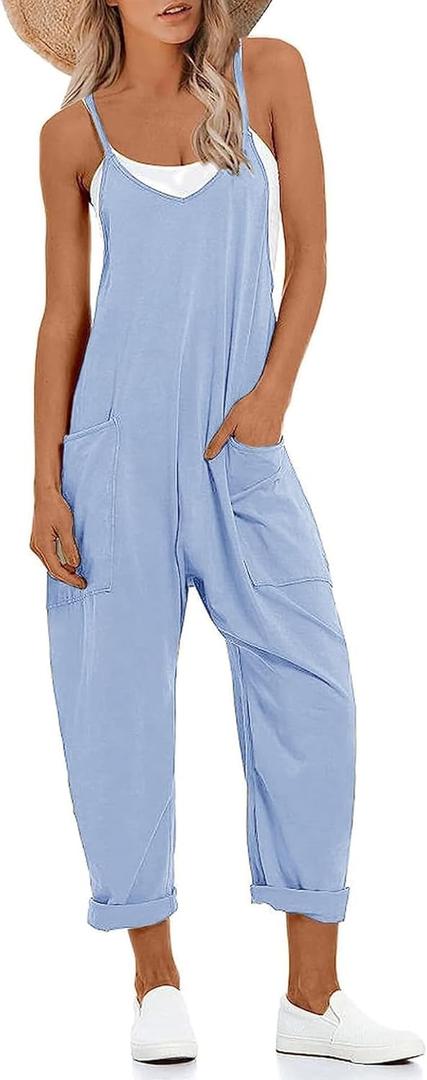 Muchpow Women's V Neck Sleeveless Jumpsuits Spaghetti Straps Harem Long Pants Overalls With Pockets (Medium, Blue)