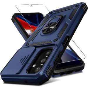 Janmitta Compatible with Galaxy A25 5G Case Built in Slide Camera Lens Cover+Screen Protector+Finger Ring Holder Kickstand,Heavy Duty Shockproof Full Body Phone Cover,2024 Blue