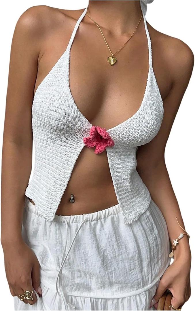 Milumia Women's Floral Tie Backless Halter Top Sexy Deep V Neck Split Sleeveless Crop Tops (White, M)
