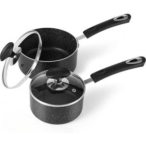 Nonstick Saucepan Set with Lid, Non Stick 1Qt & 2Qt Sauce Pan Set with Glass Lid Small Pot for Home Kitchen (Black)