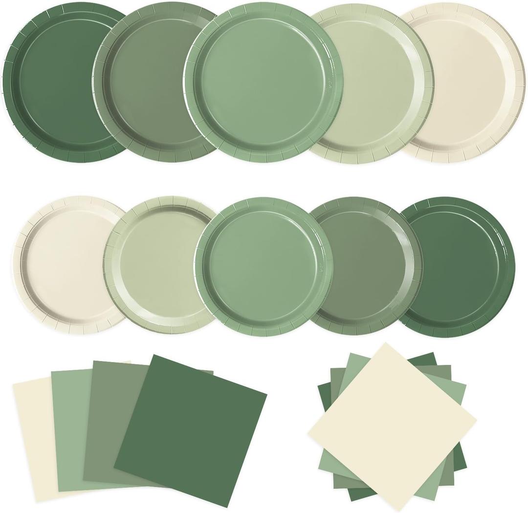 Oigco 60 PCS Sage Green Paper Plates, Sage Green Birthday Decorations, Gradient Plates and Napkins for Birthday Wedding Bridal Baby Shower Party Supplies
