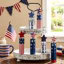Tradder 6 Pcs 4th of July Table Decor Patriotic Wooden Red White Blue Firework Decor 250th Anniversary Independence Day Memorial Day Wood Sign Centerpieces Tiered Tray Decoration for Home Office Table