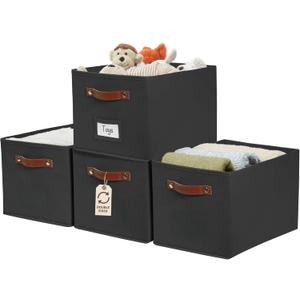 DECOMOMO Storage Baskets for Shelves - Large 15"x11"x10" Foldable Fabric Storage Bins, Baskets for Organizing with Labels (Black, 4pcs)