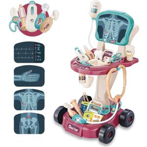 29 Pcs Doctor Kit for Toddlers 3-5 Pretend Play Toys Dentist Set Vet Medical Mobile Cart with Sound & Light Xray Stethoscope Toddler Doctor Play Set 2 3 4 5 Year Old Girls Gift Christmas