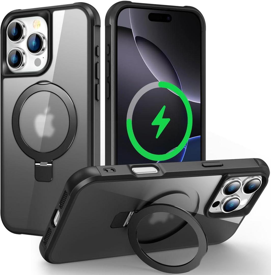Magnetic Compatible with iPhone 16 Pro Case with Stand [Military Grade Drop Tested][Compatible with Magnet] Ring Translucent Slim Hard Back Soft Edge, Black