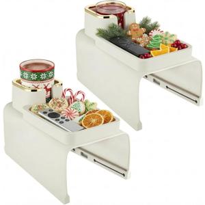 2 Pcs Couch Cup Holder Tray Silicone Anti-Spill Anti Slip Sofa Armrest Drink Holder Weighted Couch Caddy Recliner Arm Table for Remote Controls, Phones, Cups and Snacks (Beige)