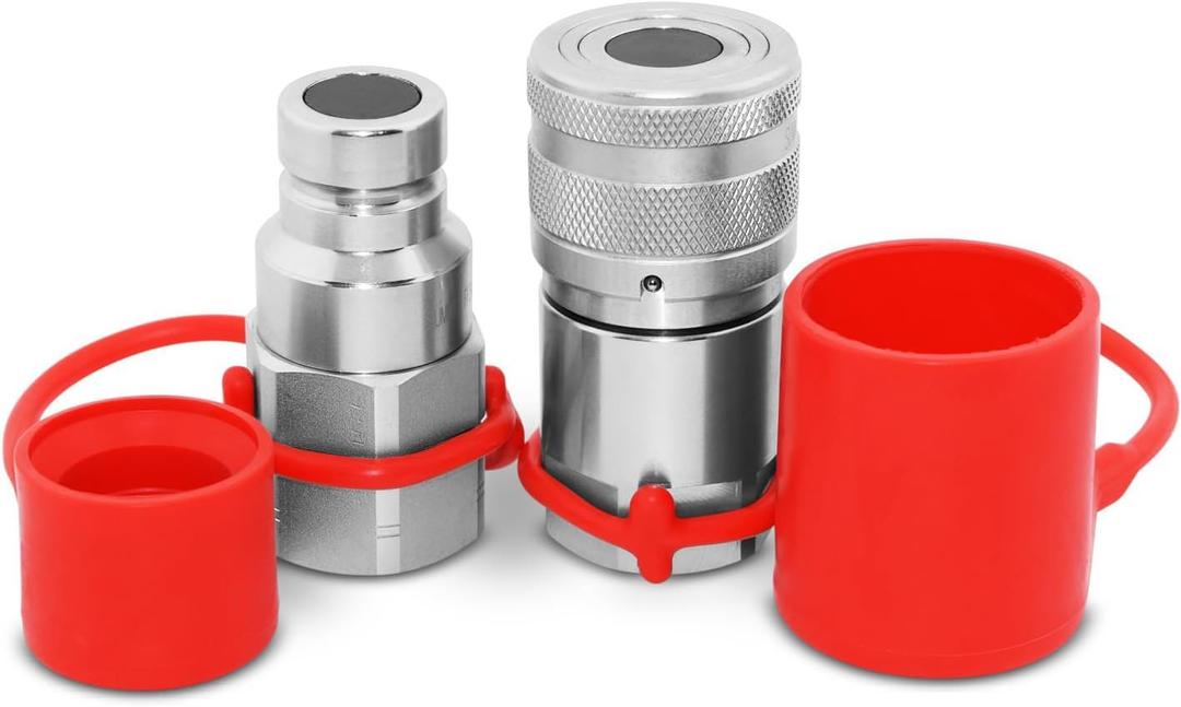 Flat Face High Flow Skid Steer Hydraulic Quick Connect Couplers/Couplings Set, 3/4" Body x 1" SAE, w/Dust Caps