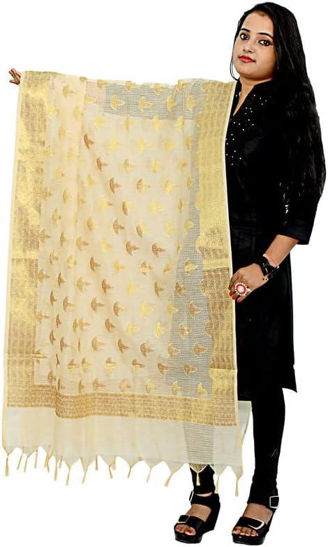 Women's Cotton Silk Zari Work Banarasi Dupatta silk shawl for women golden dupatta for indian wear(018) (Beige-3)