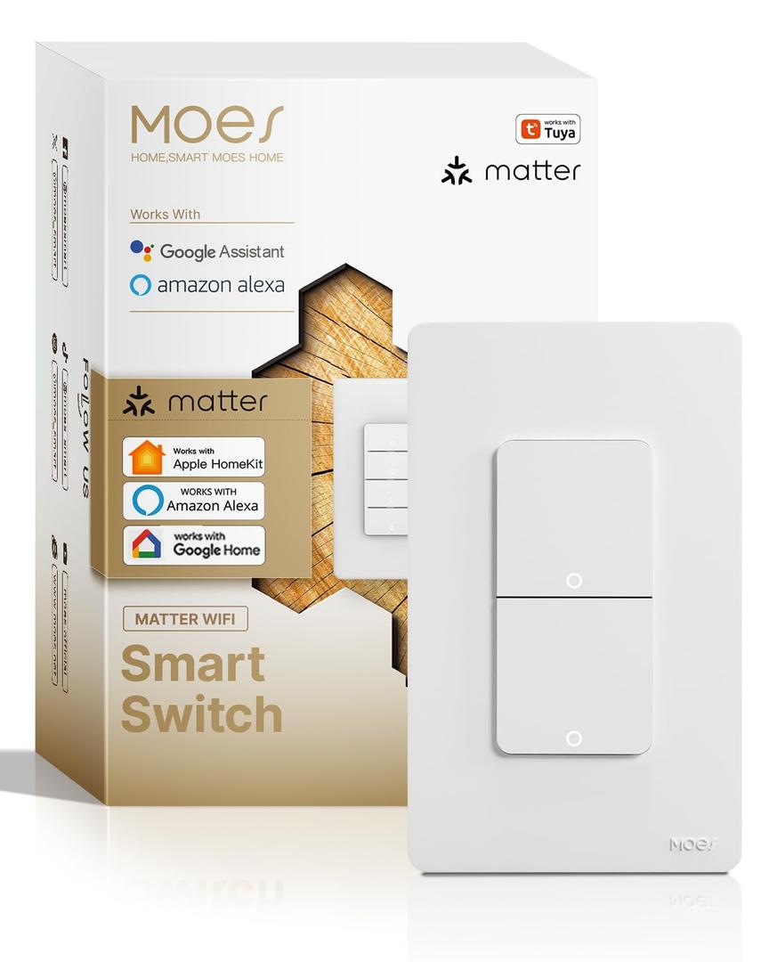 MOES Smart Double Light Switches, Matter-WiFi 2 Gang Single Pole Switch, Netural Wire Required, 2.4GHz Switch Combo Compatible with Alexa Google Assistant, Remote Control
