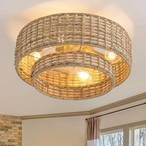 Boho Caged Ceiling Fans with Lights Flush Mount, Layered Rattan Ceiling Fan with Light Remote Control with Reversible 6 Speeds for Bedroom, Nursery, Living Room, E26 Base, Indoor