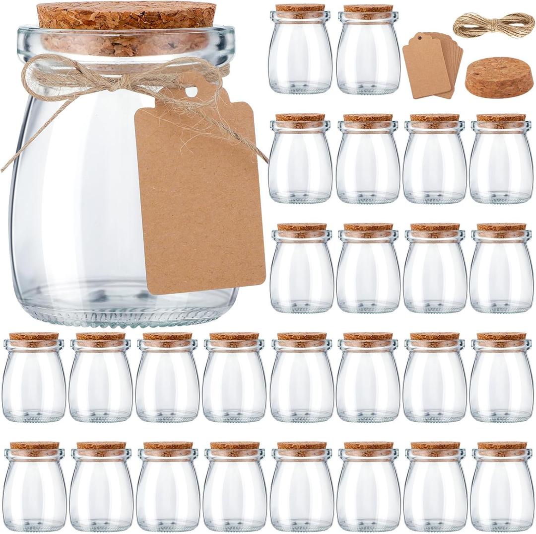 Suclain 50 Pack Glass Favor Jars with Cork Lid 3.4 oz Small Glass Bottles Jars with 100 Labels 50 Gift Bags Twine Mini Candy Containers for Wedding Favors Pudding Honey DIY Projects