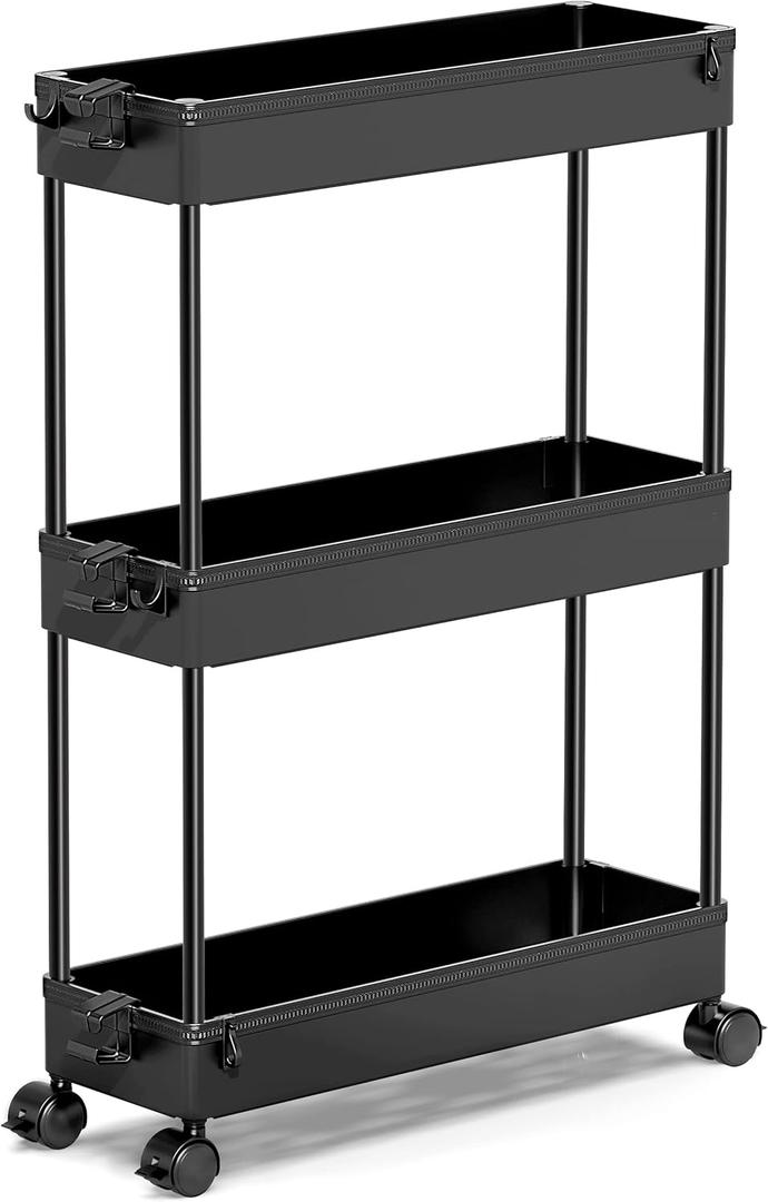 Spacekeeper Slim Rolling Storage Cart, 3 Tier Bathroom Storage Organizer Laundry Room Utility Cart Mobile Shelving Unit, Multi-Purpose for Kitchen Office Bathroom Laundry Narrow Places, Black