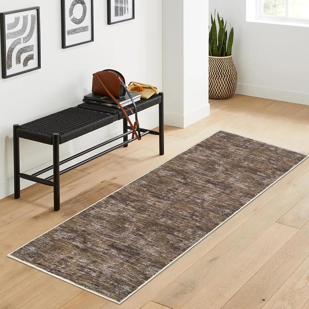 RUGSREAL 2x6 Runner Rug Washable Kitchen Runner Rug Modern Abstract Runner Mat for Hallway Contemporary Solid Rug Non-Slip Foldable Aesthetic Accent Floor Carpet for Living Room Bedroom, Brown
