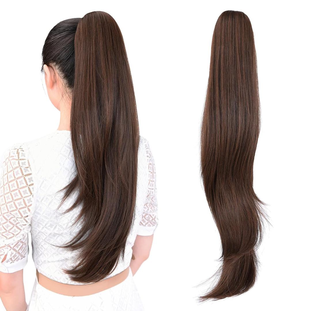 PONYTAIL EXTENSION, 24" CLAW CLIP HAIR EXTENSIONS PONYTAIL, LONG STRAIGHT HAIR EXTENSION, NATURAL LOOKING SYNTHETIC HAIRPIECE FOR WOMEN, MEDIUM BROWN