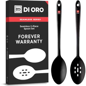 2 x DI ORO Silicone Spoons for Cooking - Large Kitchen Spoons for Mixing, Serving, & Stirring - 600°F Heat-Resistant Non Stick Utensils – Big Solid & Slotted - Dishwasher Safe (2pc, Black)