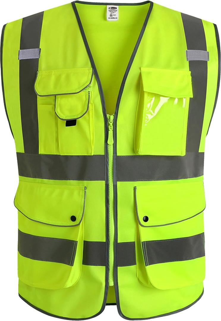 JKSafety 9 Pockets Class 2 High Visibility Zipper Front Safety Vest With Reflective Strips, Yellow Meets ANSI/ISEA Standards (Medium, Yellow)