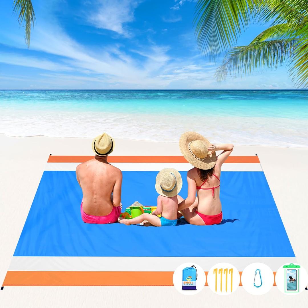 BYDOLL Beach Blanket Waterproof Sandproof Large 78''81''/10'9' Sand Free Oversized Sandless Picnic Mat Waterproof Packable Lightweight Blanket for Beach Camping Hiking Travel (Blue Orange)