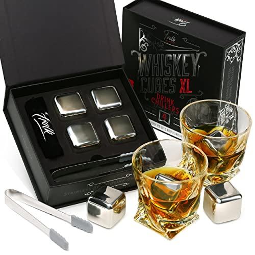 4 XL Stainless Steel Whisky Ice Cubes, Special Tongs & Freezer Pouch in Luxury Gift Box for Whiskey Lovers!