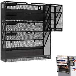 KZWKRG Magnetic File Holder, Magnetic File Organizer Wall Mount, 5 Tier Hanging Mail Organizer Folder Holder, Mesh Desk Accessories and Organizers, Paper Document Magazine Rack with 3 Pen Holder, Black