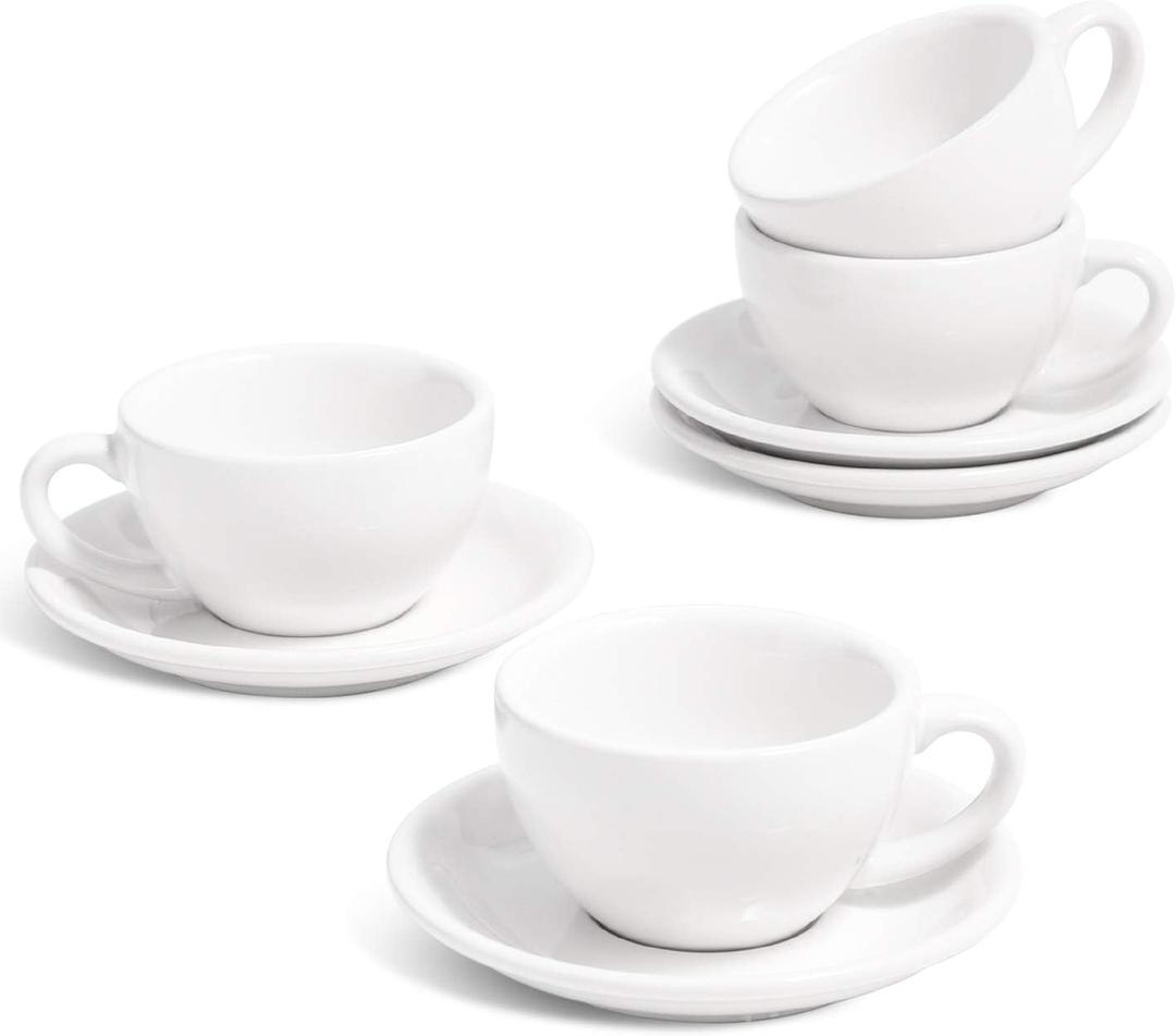 LE TAUCI 3 oz Espresso Cups with Saucers, Set of 4 Ceramic Demitasse Cup and Saucer Set for Double Espresso Shot, Lungo, Ristretto, Embossed Coffee Cups, White