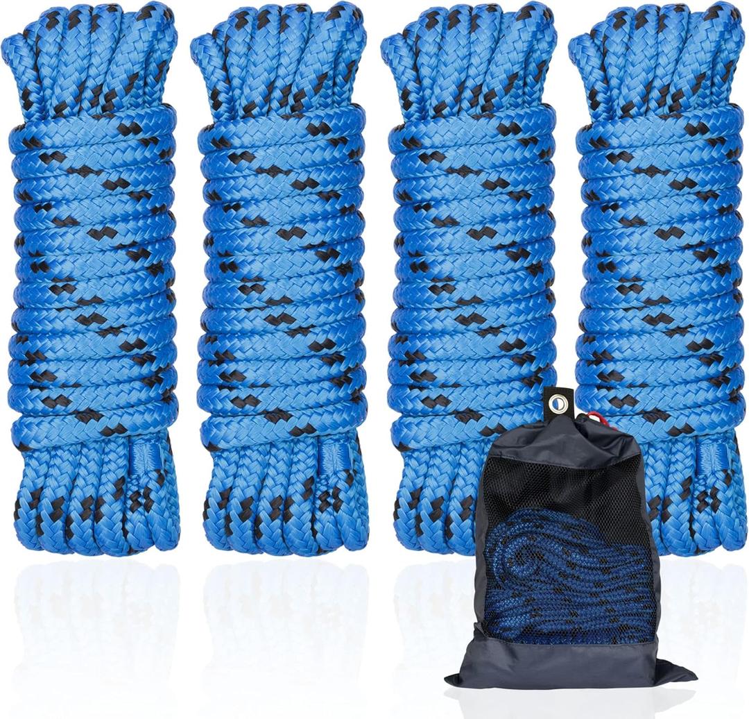 Double Braided Nylon Dock Lines Rope, 1/2 Inch x 15 FT Dock Line with 12 Inch Eyelet for Mooring Boats, Blue and Black (4 Pack)