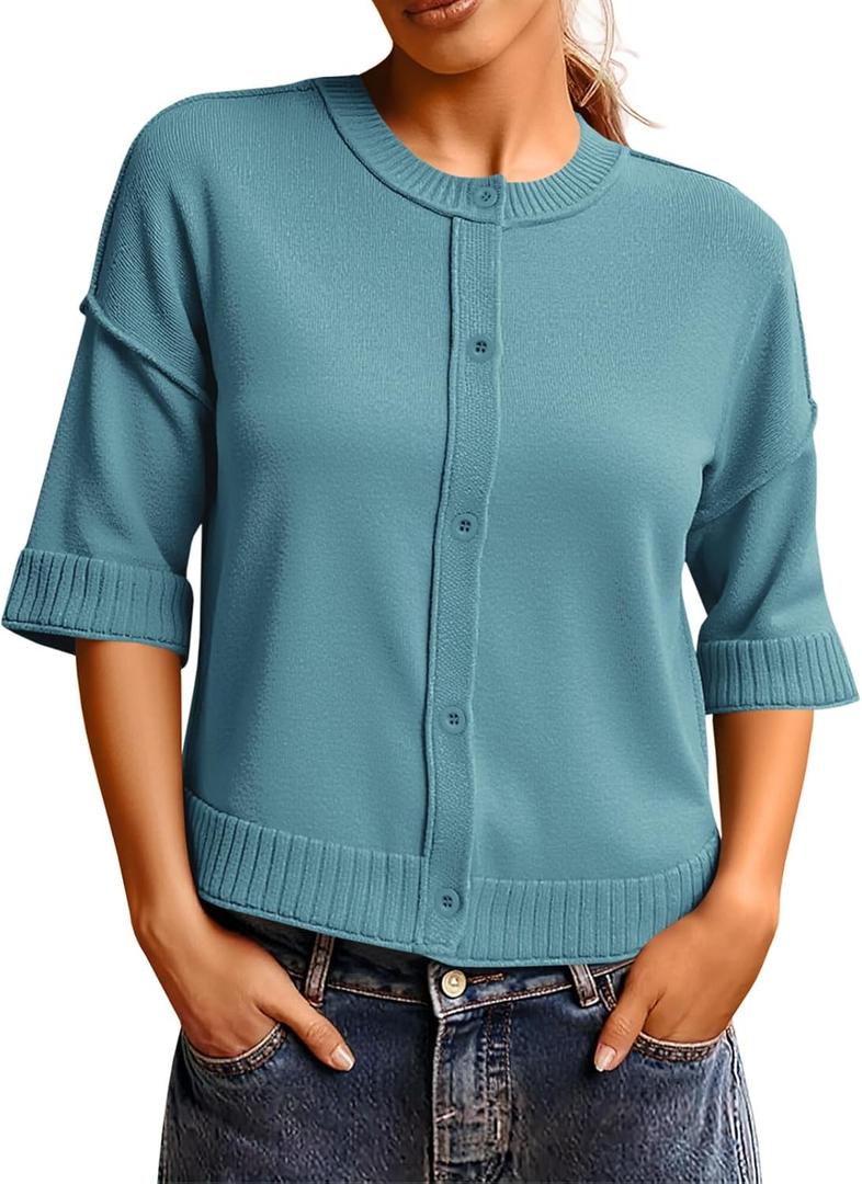 Saodimallsu Womens 3/4 Sleeve Cardigan Sweaters Button Down Crewneck Knit Cropped Tops Casual Fall Outerwear (Blue, M)