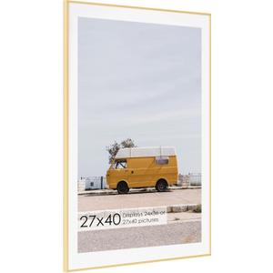 Fun Memories 27x40 Metal Picture Frame with 24x36 Mat, Brushed Aluminum Finish, Tempered Glass Front, and Attached Hanging Hardware - Wall Display Frames for Vertical or Horizontal Orientation - Gold