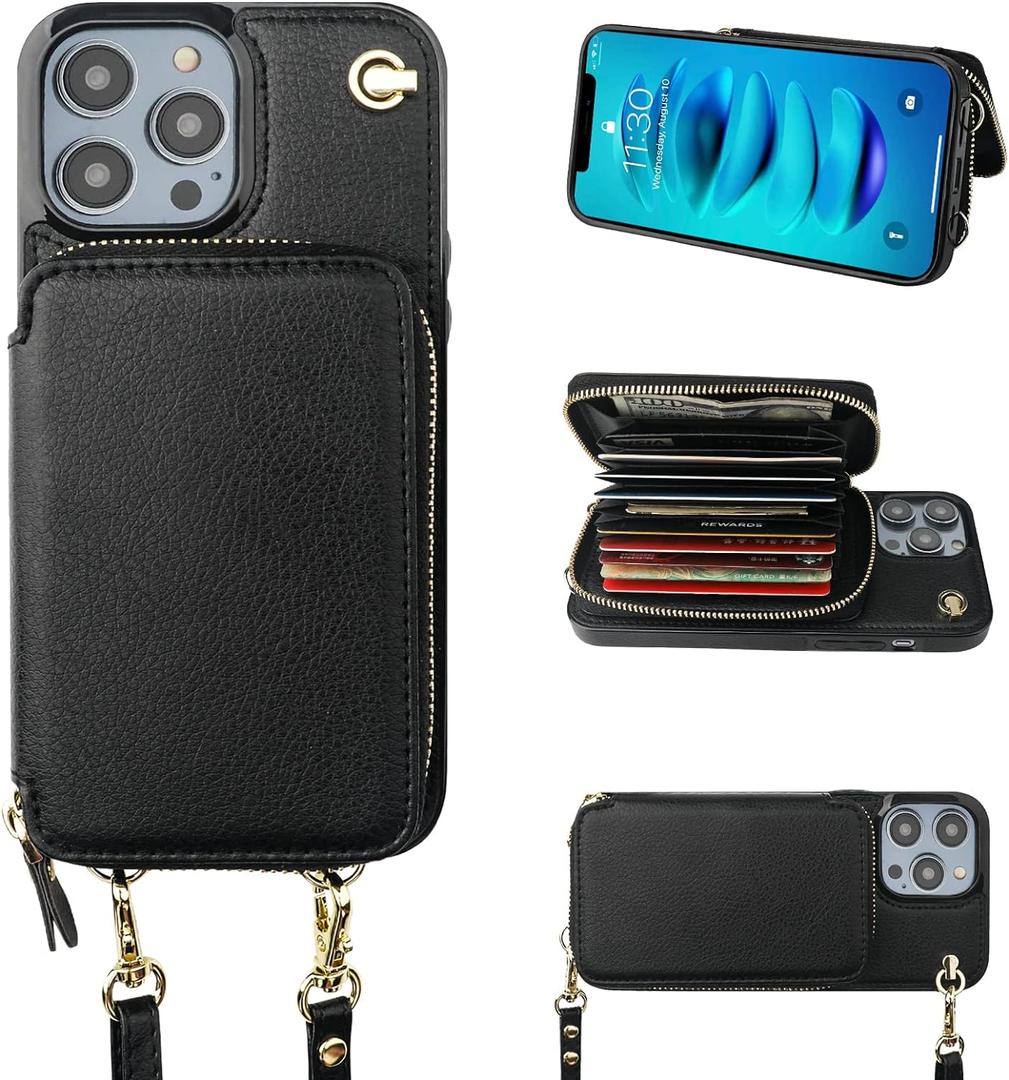 Bocasal Crossbody Wallet Case for iPhone 14 Pro, RFID Blocking Leather Purse Case with Card Holder, Protective Handbag Flip Cover with Slots Zipper Wrist Strap Lanyard for Women 5G 6.1 Inch (Black)