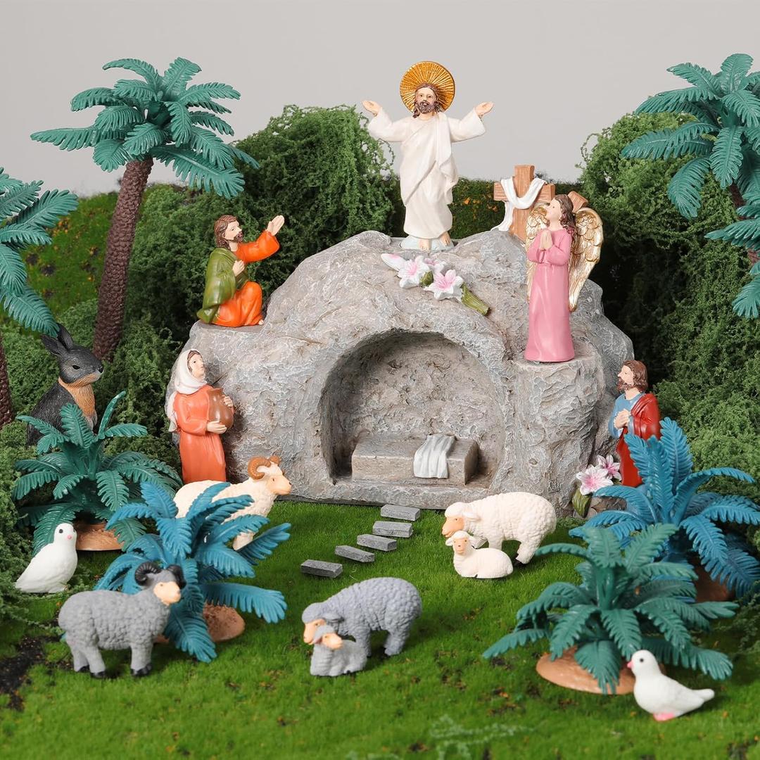 RoundFunny 29 Pcs Easter Resurrection Scene Set Jesus Nativity Scene Figures Including Jesus Empty Tomb Cross Angels Mary Sheep Dove Rabbit Tree Dry Moss Religious Christian for Easter Table Decor