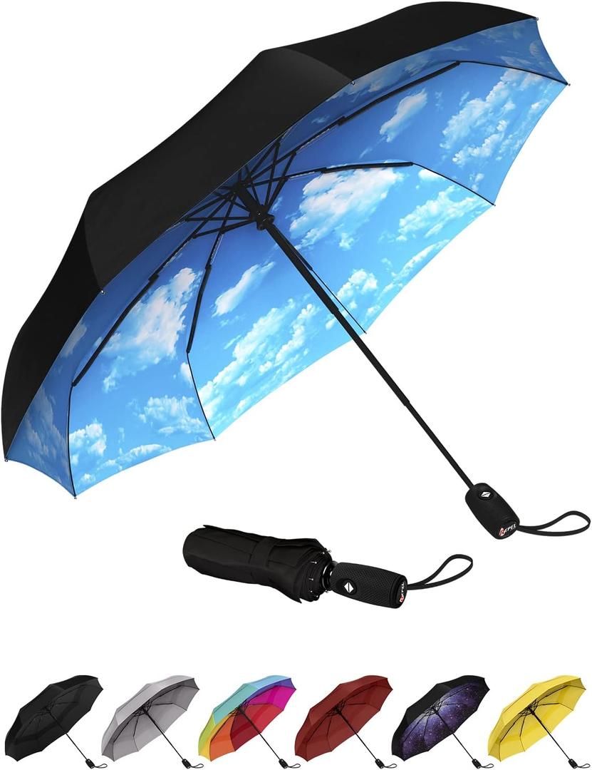 REPEL Windproof Travel Umbrella - Compact & Withstands Winds up to 85MPH , Strongest Premium Auto Folding Umbrella for Rain and Sun - Durable, Light & Portable for Women & Men , Fits Backpack & Cars (Blue Sky)