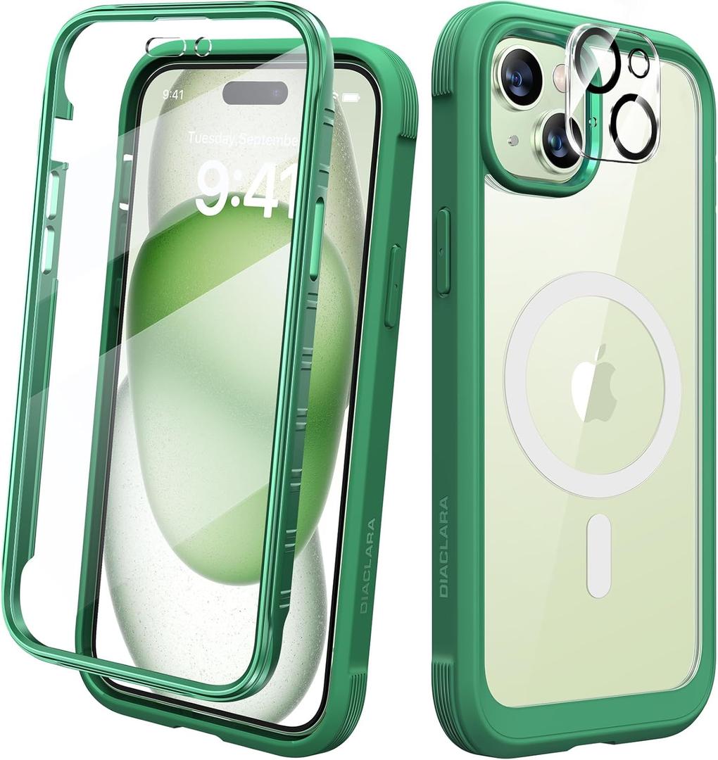 Diaclara Designed for iPhone 15 Plus Case 6.7'', [Compatible with MagSafe] Full Body Rugged Magnetic Case w/Built-in Sensitive Anti-Scratch Screen Protector+Glass Camera Lens Protector,Mint Green